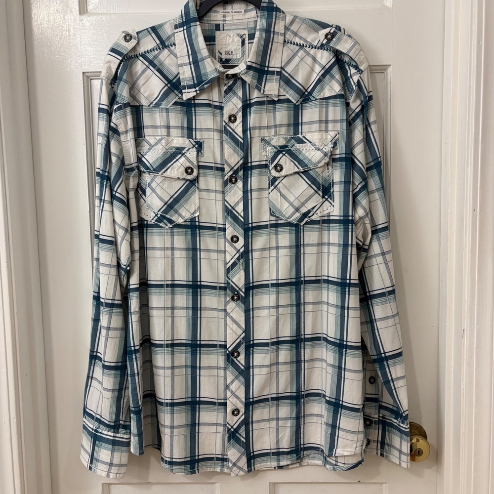 BKE Plaid Athletic Fit Western Shirt Mens XL Rodeo Cowboy Embroidered Outdoor‎